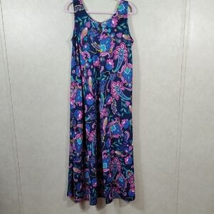 04093 Soft Surroundings navy & mauve Rosalia Maxi Dress L NWT